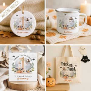 Matching Personalised Halloween Gift Collection. with Cute Duck theme of enamel mugs, hanging ornaments, cards and trick or treat tote bags.