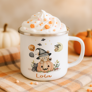 personalised teddy in pumpkin halloween mug