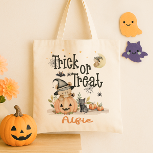 Personalised trick or treat tote bag, with a cute teddy bear design with the childs name added to the bottom in orange print