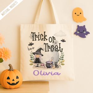 Personalised Halloween Witch Themed Trick or Treat Tote Bag, with a witch with purple hair with a cauldron and black cat, set again a full moon with bats flying in the sky.