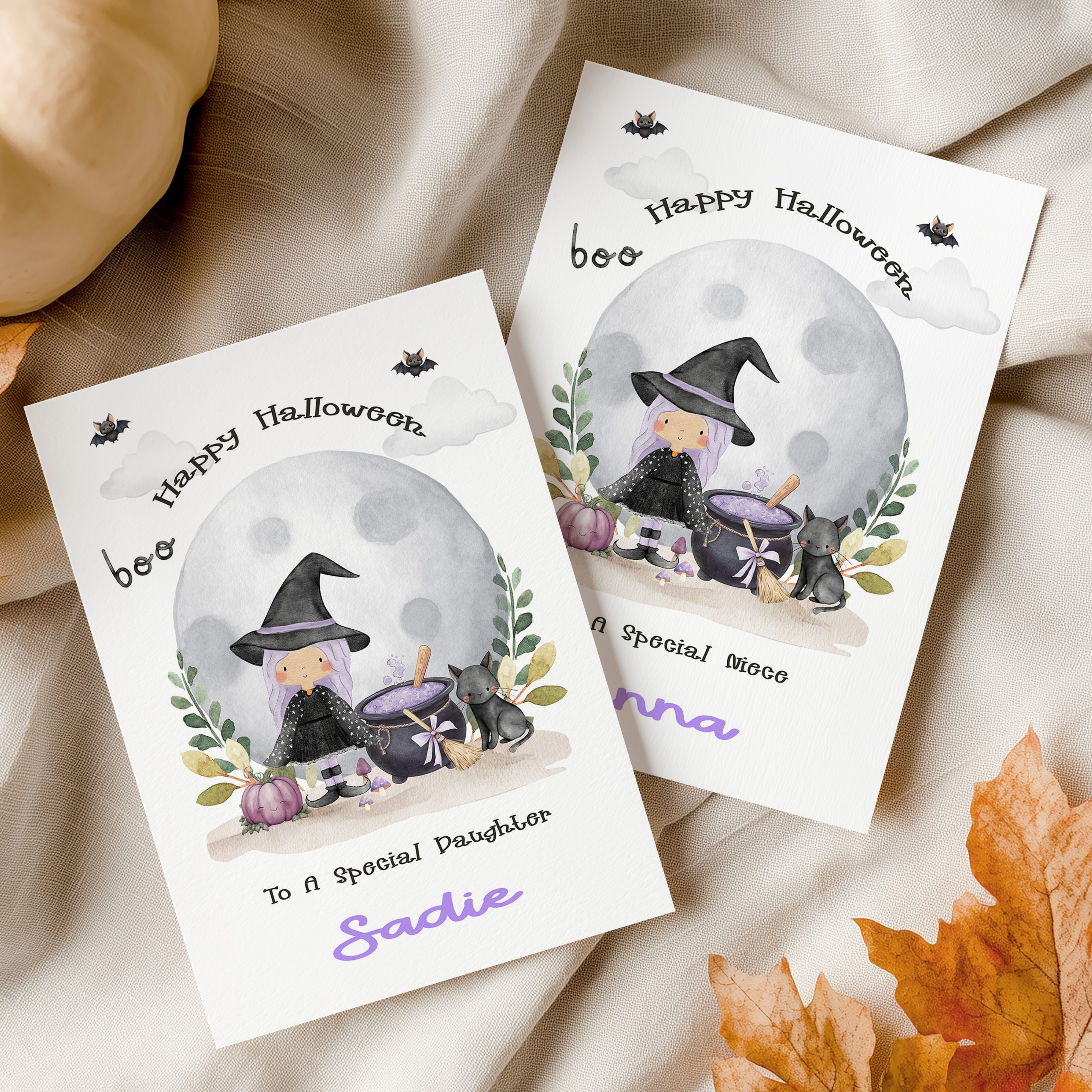 Personalised Halloween Witch Themed Card, with a witch with purple hair with a cauldron and black cat, set again a full moon with bats flying in the sky.