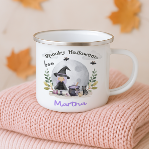 Personalised Halloween Witch Themed Mug, with a witch with purple hair with a cauldron and black cat, set again a full moon with bats flying in the sky.