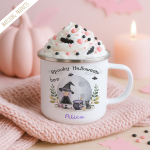 Personalised Halloween Witch Themed Mug, with a witch with purple hair with a cauldron and black cat, set again a full moon with bats flying in the sky.