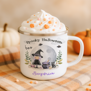 Personalised Halloween Witch Themed Mug, with a witch with purple hair with a cauldron and black cat, set again a full moon with bats flying in the sky.