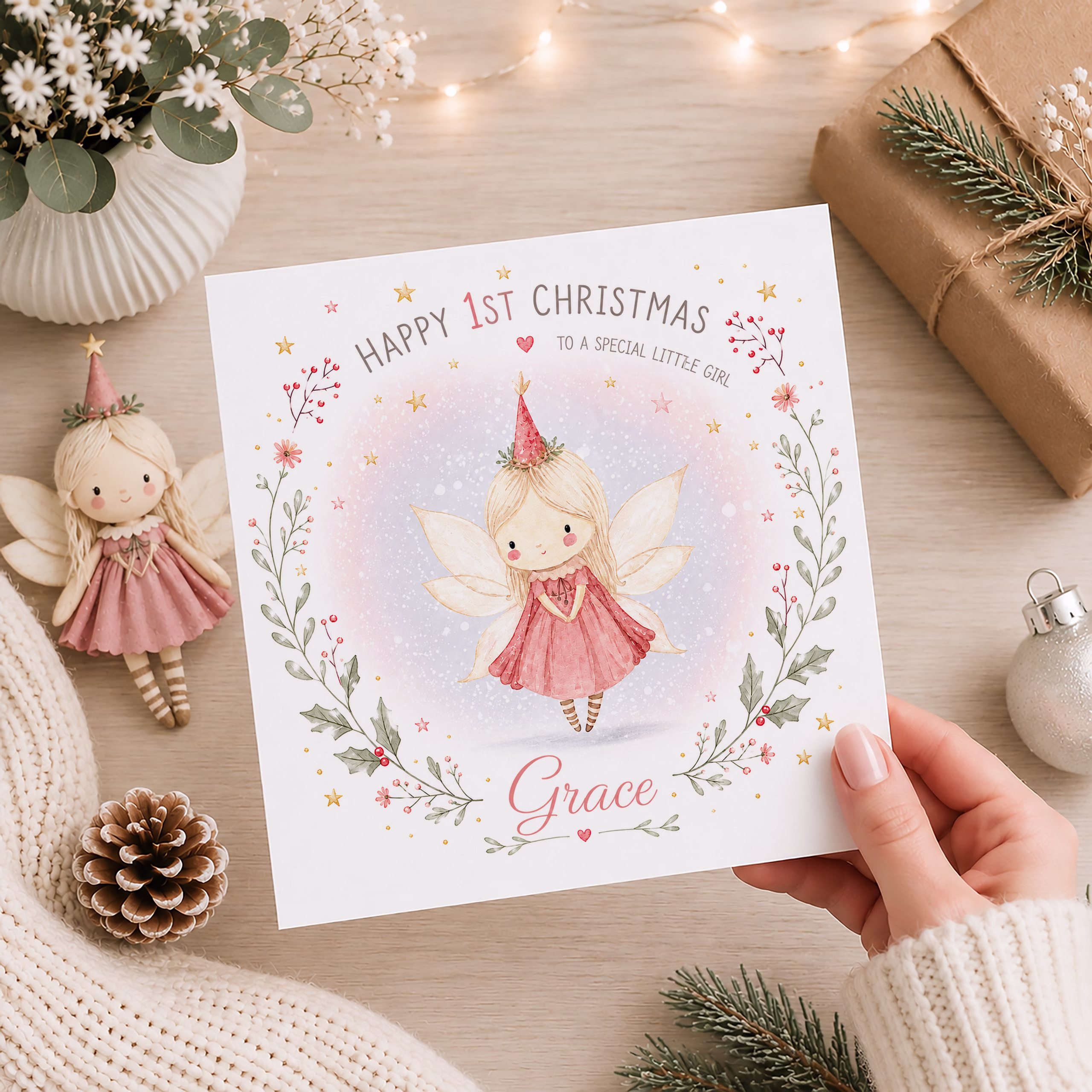 Personalised Baby Girl's First Christmas Fairy Card with Name – Cute 1st Christmas Card for Daughter, Granddaughter, Niece or Little Girl