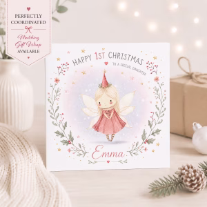 Personalised Fairy Baby's First Christmas Card for Daughter – Cute Pink Fairy 1st Christmas Card with Name, Scandinavian Christmas Card for Baby Girl