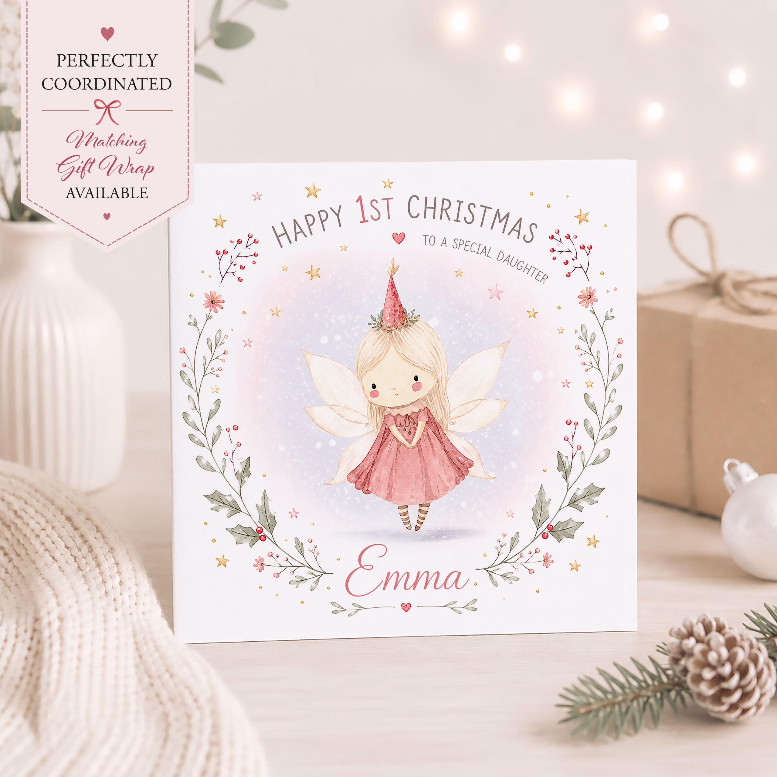 Personalised Fairy Baby's First Christmas Card for Daughter – Cute Pink Fairy 1st Christmas Card with Name, Scandinavian Christmas Card for Baby Girl