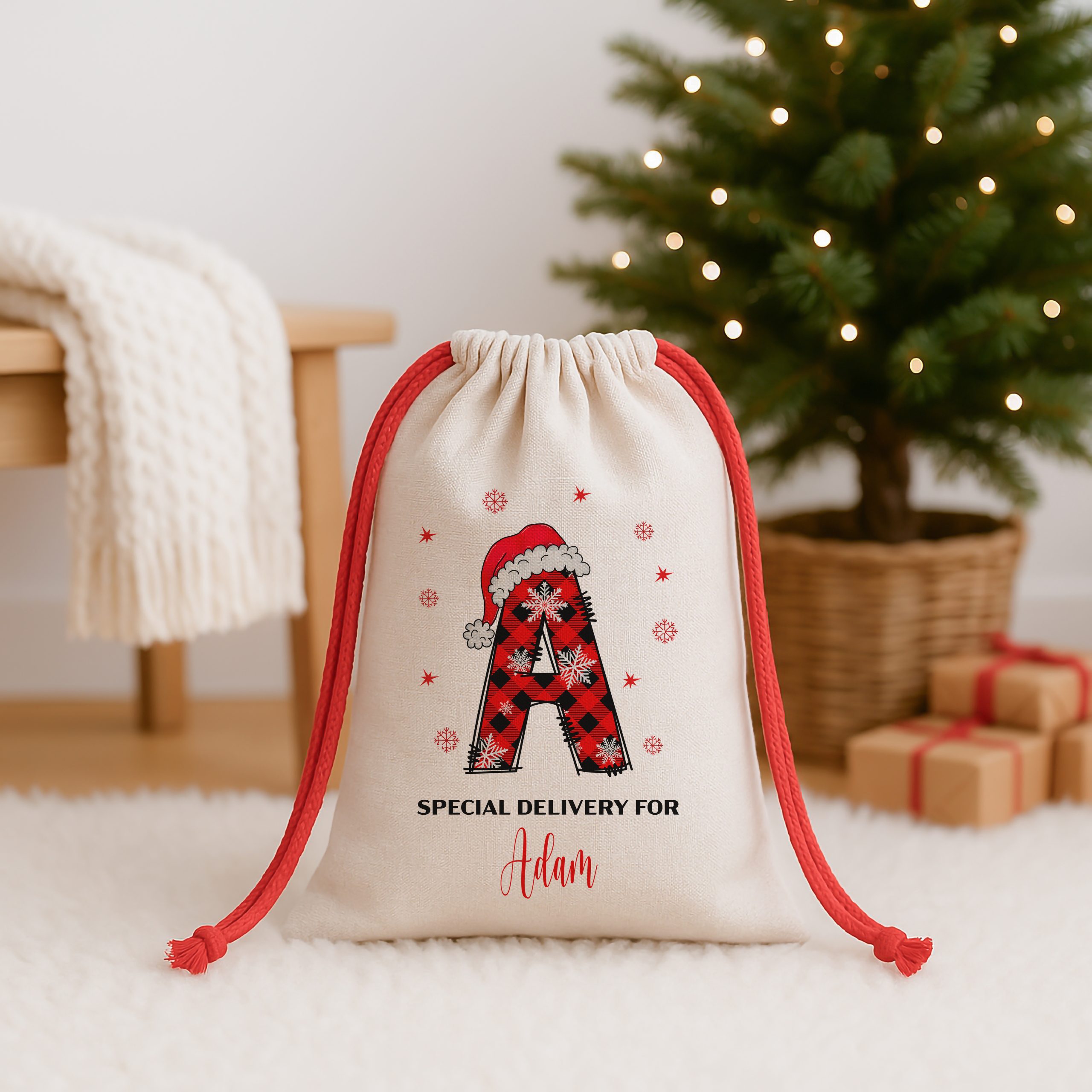 Plaid Alphabet CHRISTMAS SACK