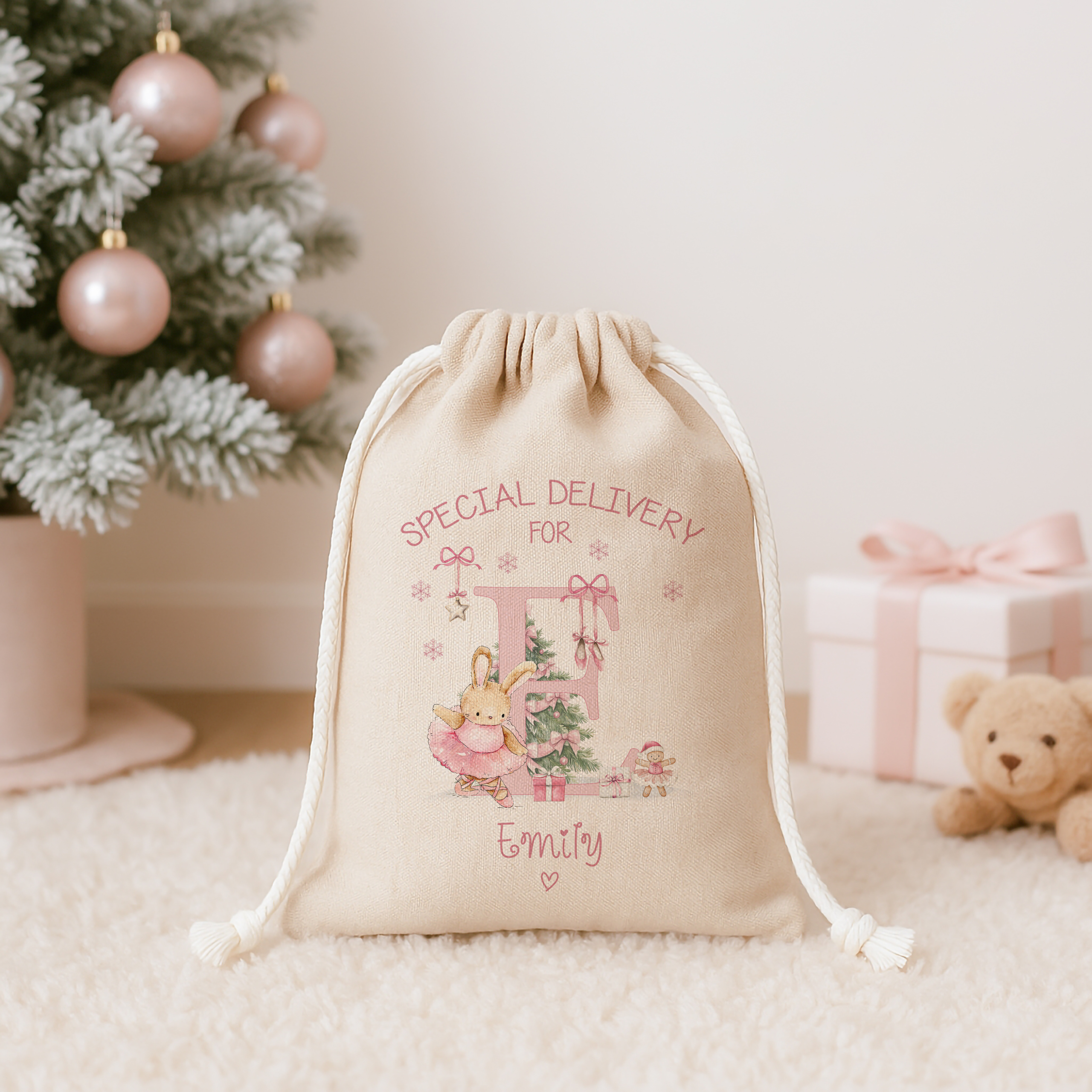 Ballerina Rabbit Pink Tree CHRISTMAS SACK