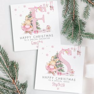 Personalised pink ballet Christmas card. Personalised with a pink letter inital.