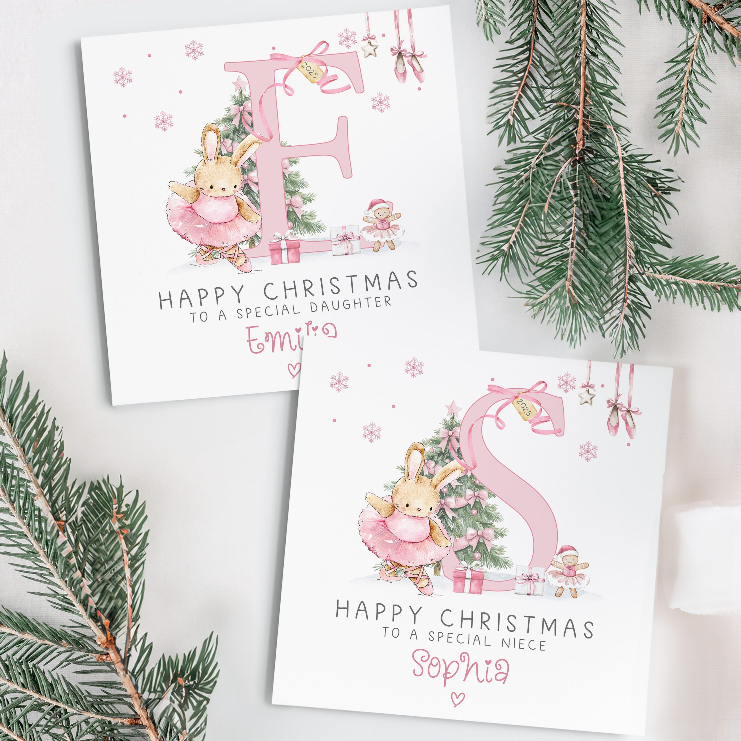 Personalised pink ballet Christmas card. Personalised with a pink letter inital.
