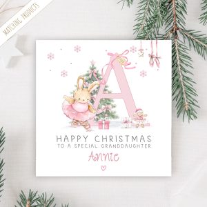 Personalised pink ballet Christmas card. Personalised with a pink letter inital.