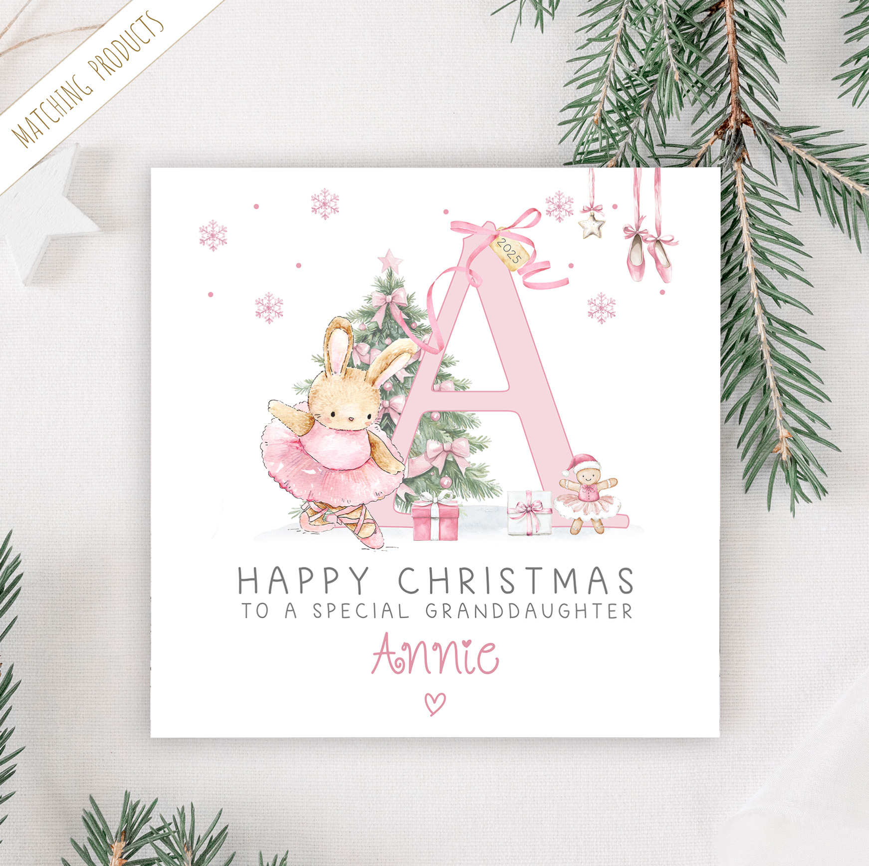 Personalised pink ballet Christmas card. Personalised with a pink letter inital.
