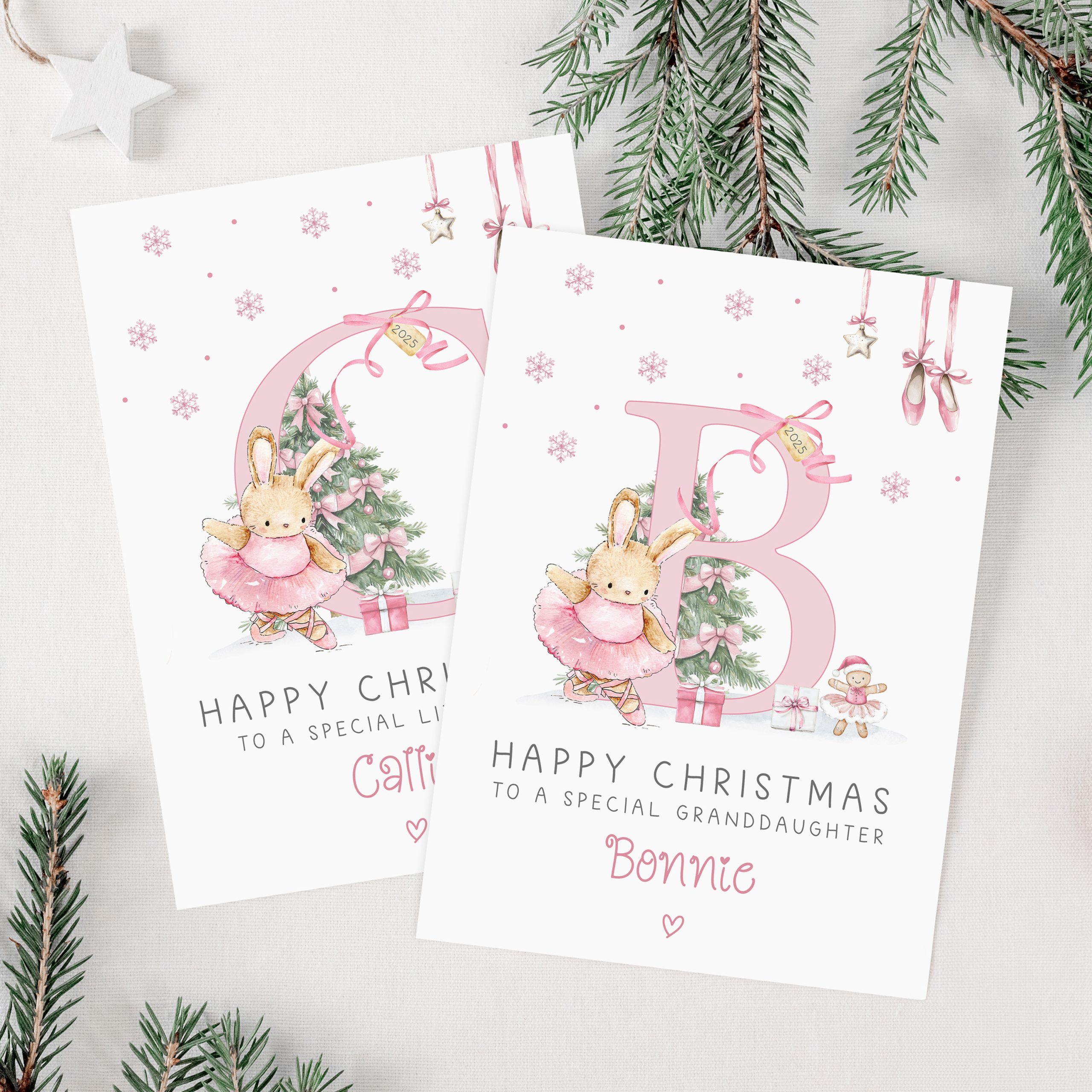Personalised pink ballet Christmas card. Personalised with a pink letter inital.