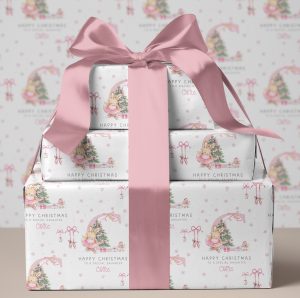 Personalised pink ballet Christmas gift wrapping paper. Personalised with a pink letter inital.