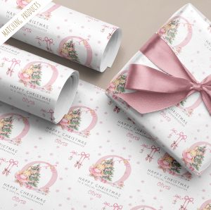 Personalised pink ballet Christmas gift wrapping paper. Personalised with a pink letter inital.