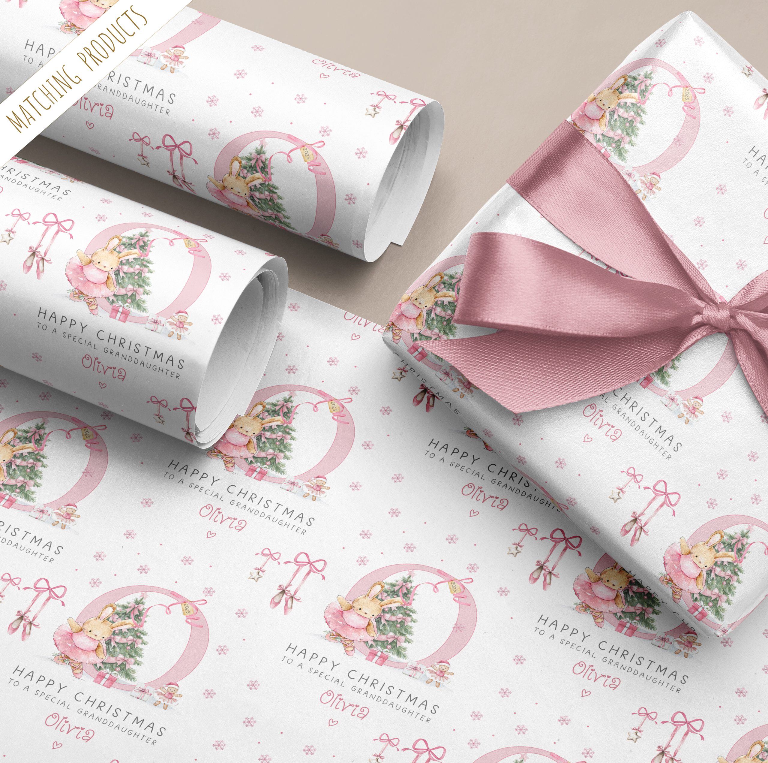 Personalised pink ballet Christmas gift wrapping paper. Personalised with a pink letter inital.