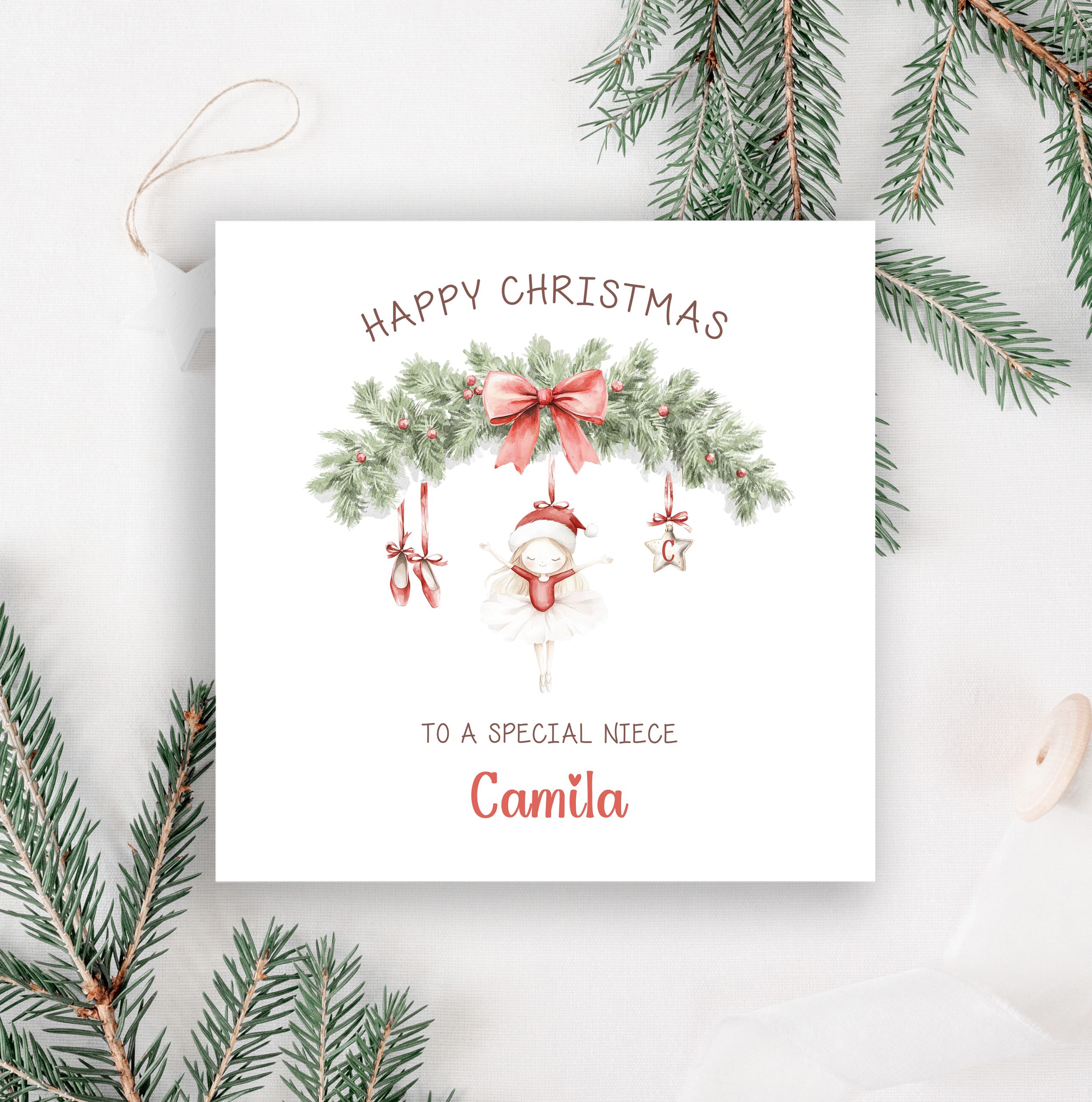 Personalised red ballet Christmas card.
