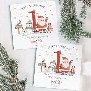 Personalised Baby's 1st Christmas Card, with santa and a snow man in front of a large red number one.