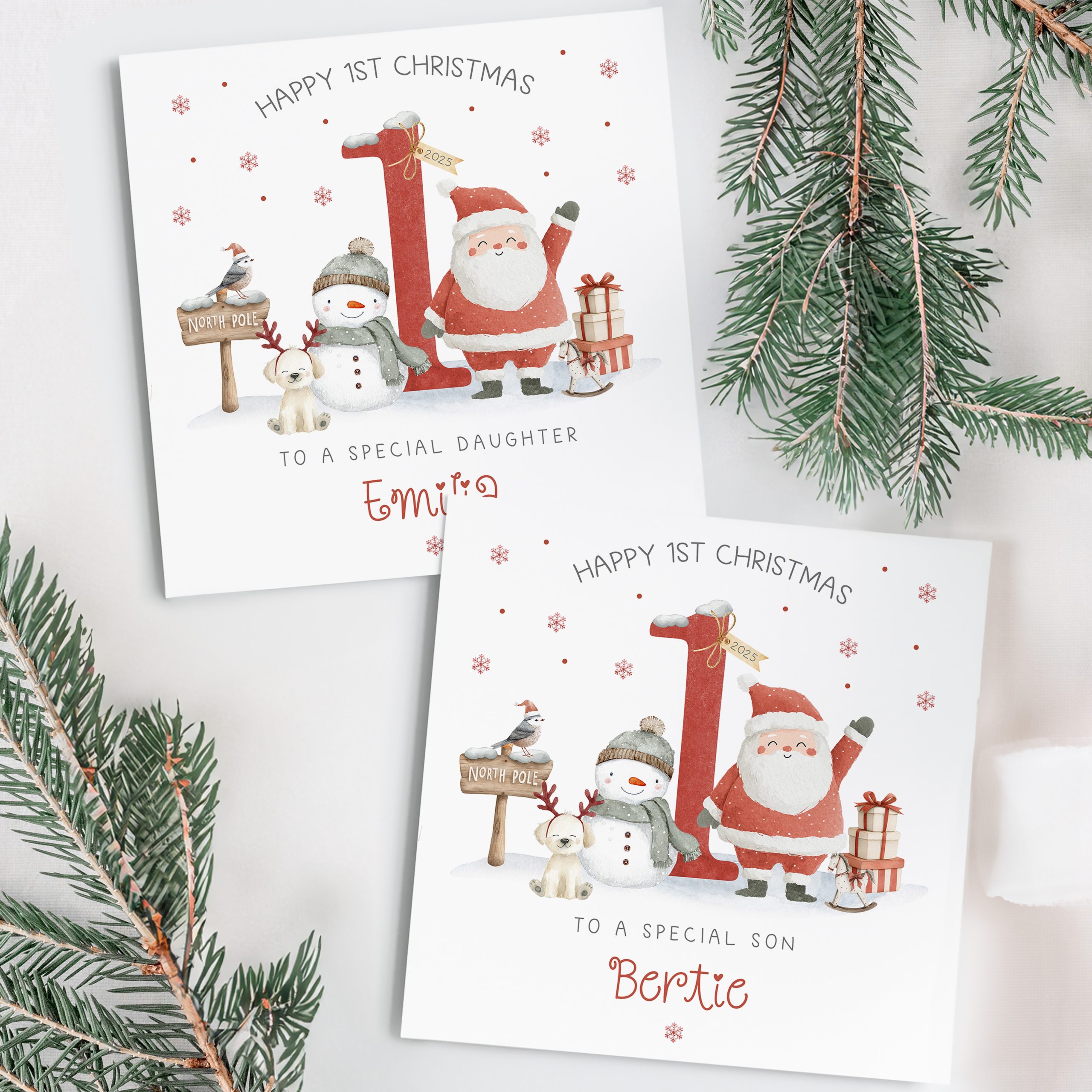 Personalised Baby's 1st Christmas Card, with santa and a snow man in front of a large red number one.