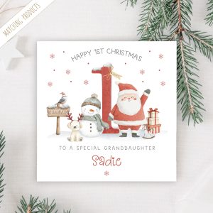 Personalised Baby's 1st Christmas Card, with santa and a snow man in front of a large red number one.