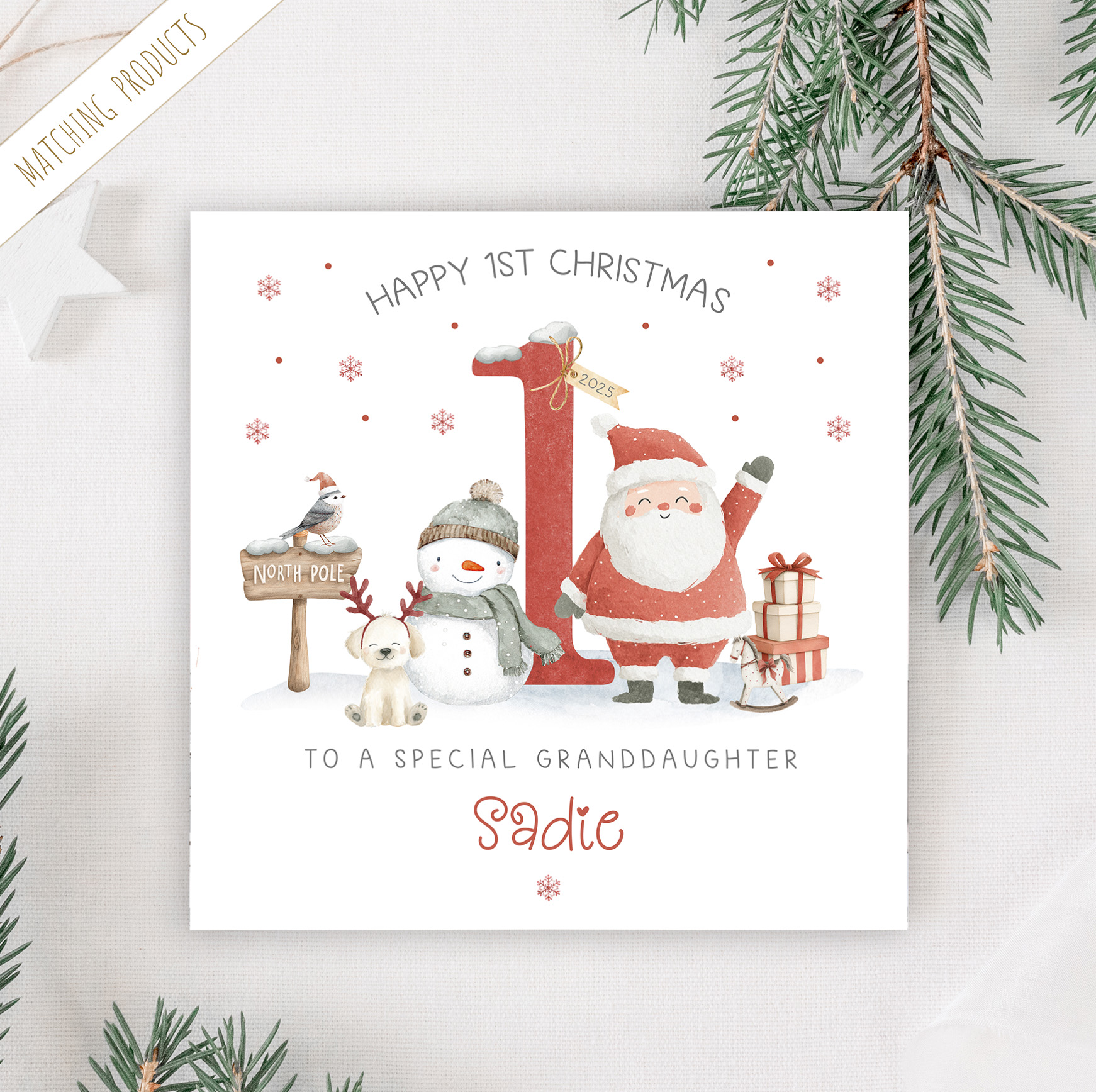 Personalised Baby's 1st Christmas Card, with santa and a snow man in front of a large red number one.