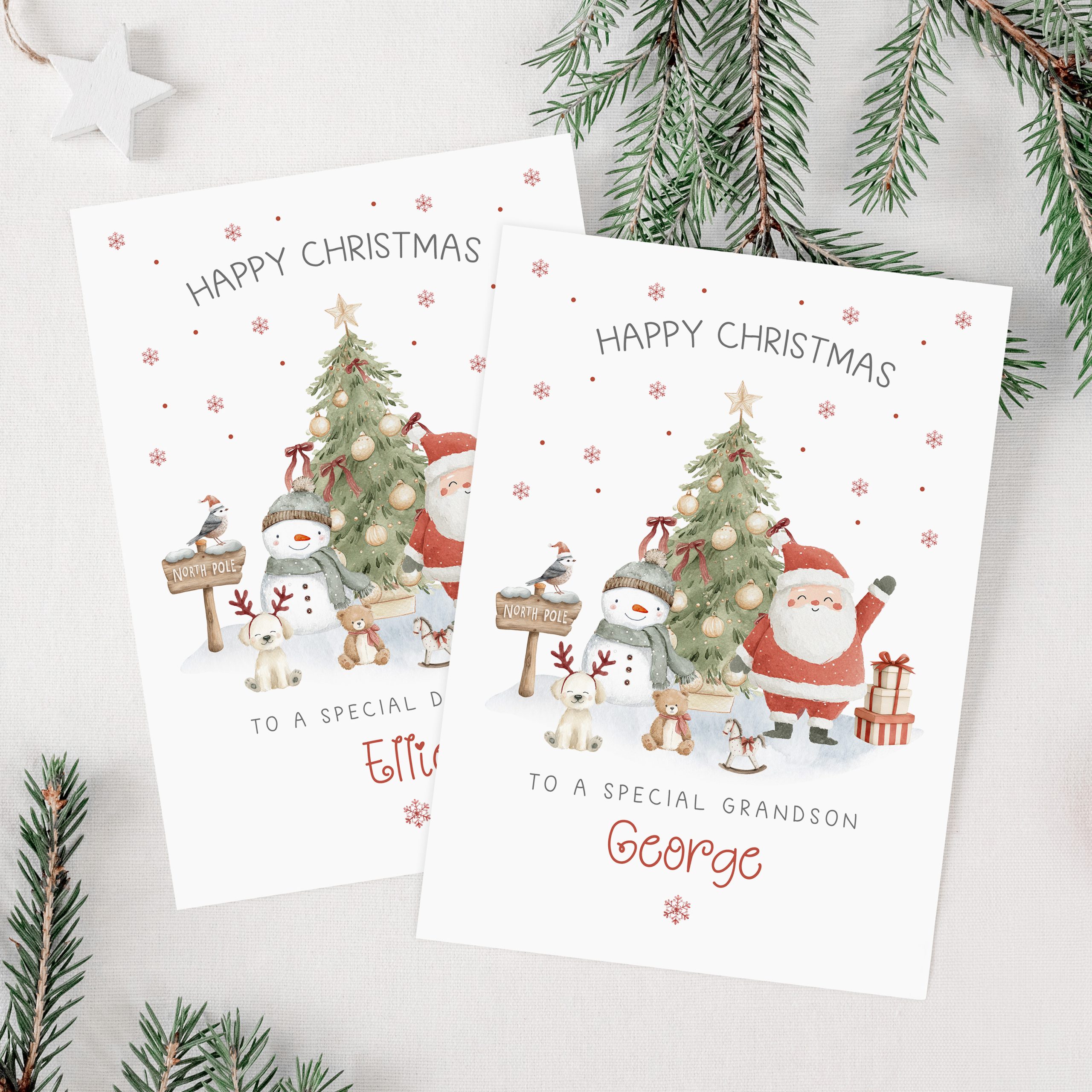 Personalised Christmas Card featuring Santa Claus waving in front of a Christmas tree, with a snowman wearing a bobble hat and scarf at the north pole