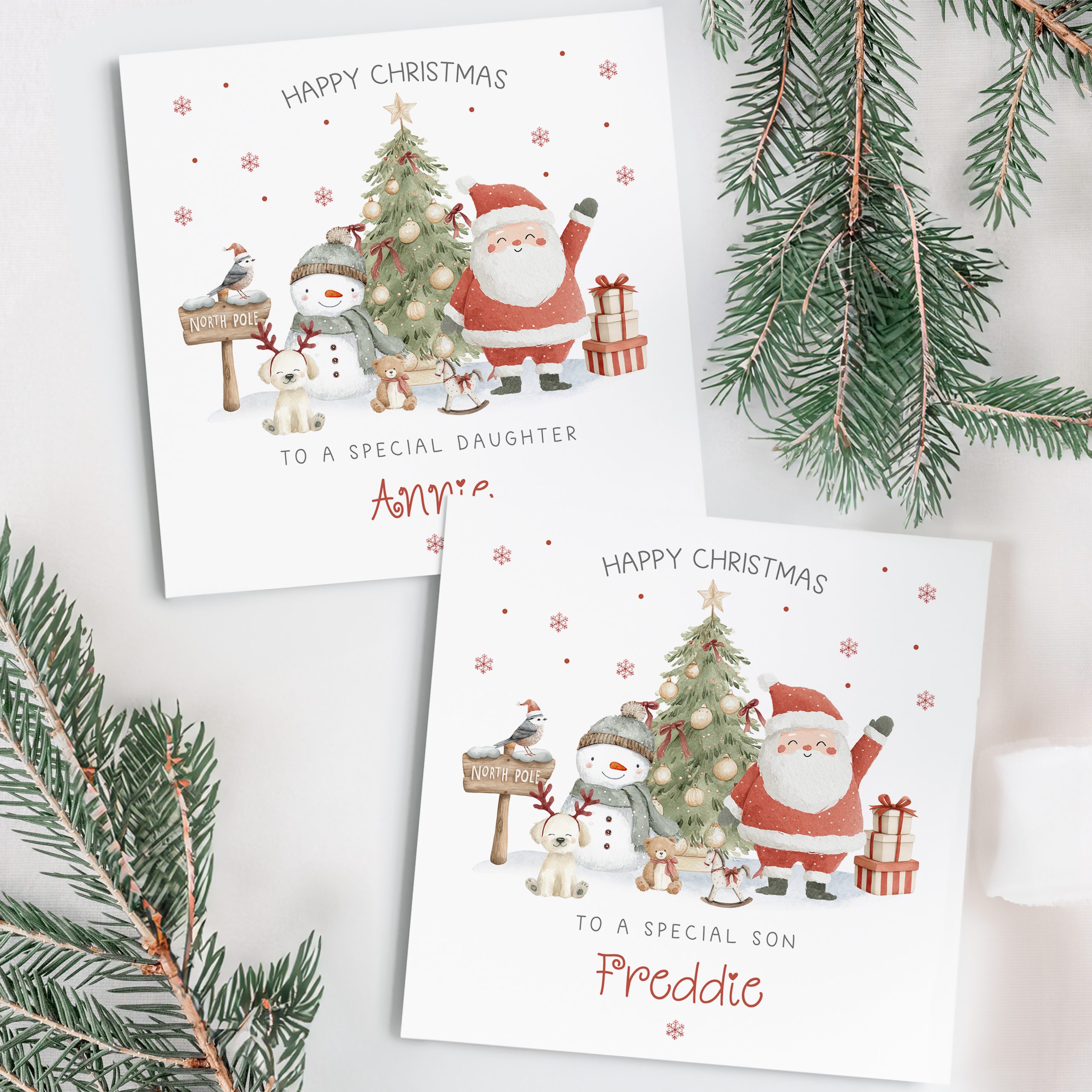 Personalised Christmas Card featuring Santa Claus waving in front of a Christmas tree, with a snowman wearing a bobble hat and scarf at the north pole