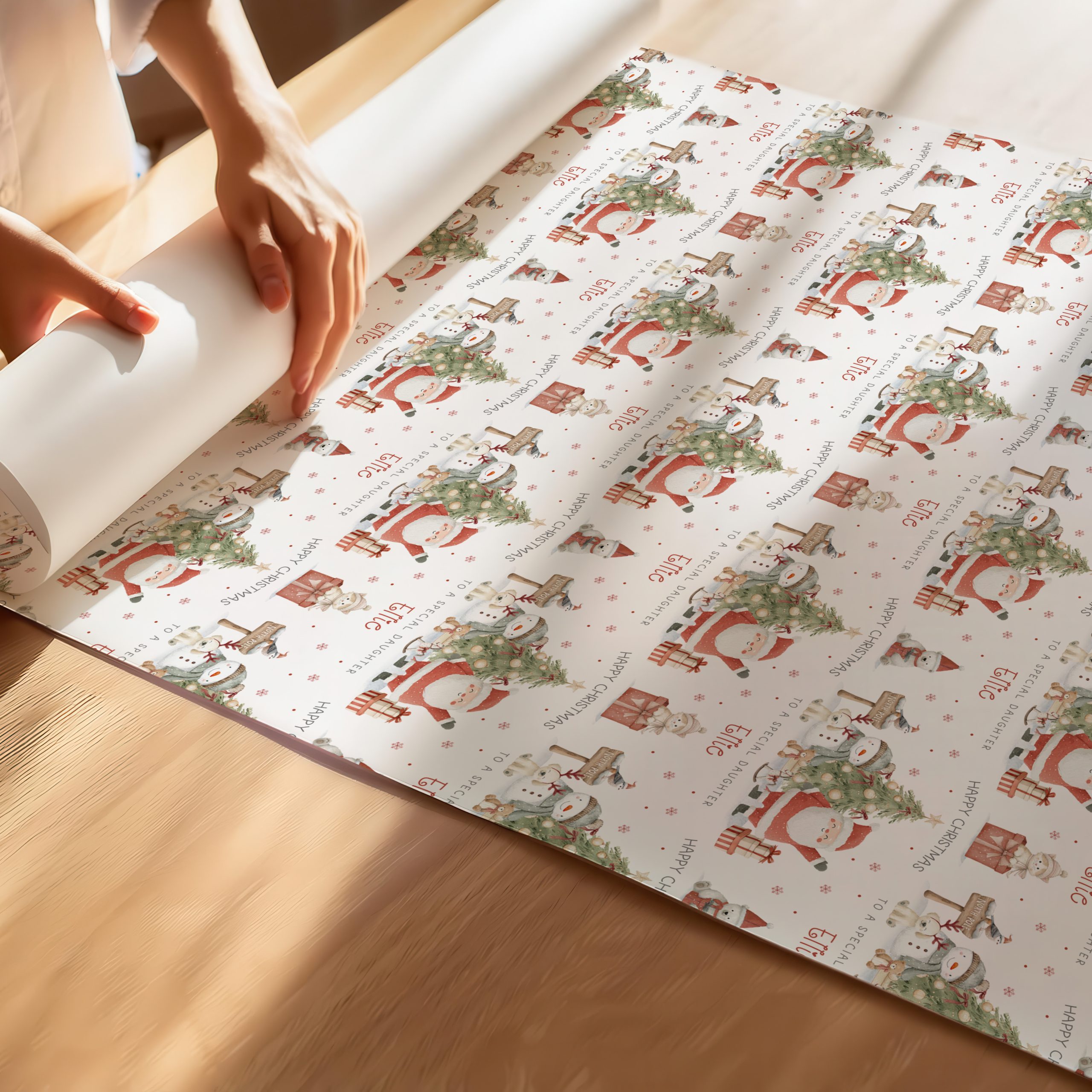This Santa Claus Christmas Wrapping Paper is a charming and personalised way to celebrate Christmas, featuring a festive scene with Santa Claus, a snowman, and a dog set against a large Christmas tree one in a snowy North Pole scene. Customizable with a name, it adds a personal touch that makes gift-giving extra special and ensures your presents stand out under the tree.