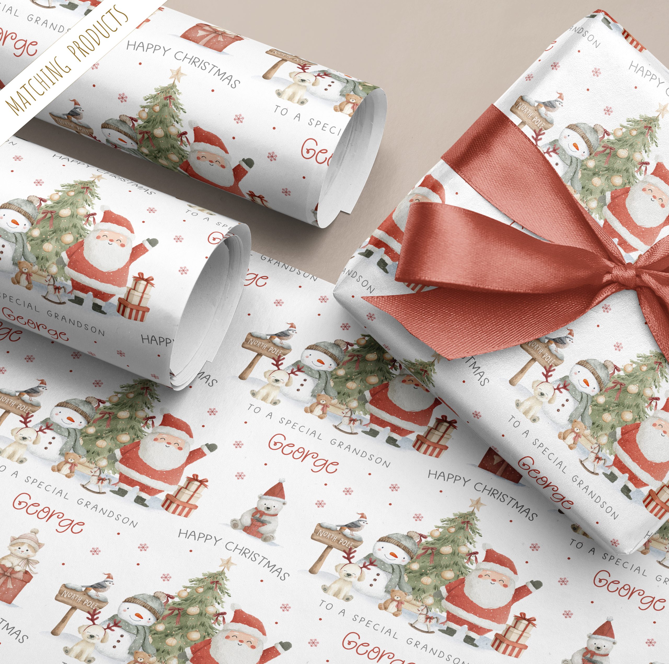 This Santa Claus Christmas Wrapping Paper is a charming and personalised way to celebrate Christmas, featuring a festive scene with Santa Claus, a snowman, and a dog set against a large Christmas tree one in a snowy North Pole scene. Customizable with a name, it adds a personal touch that makes gift-giving extra special and ensures your presents stand out under the tree.