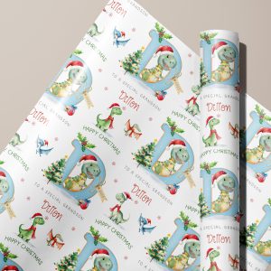 Personalised Blue initial Dinosaur Gift Wrapping Paper