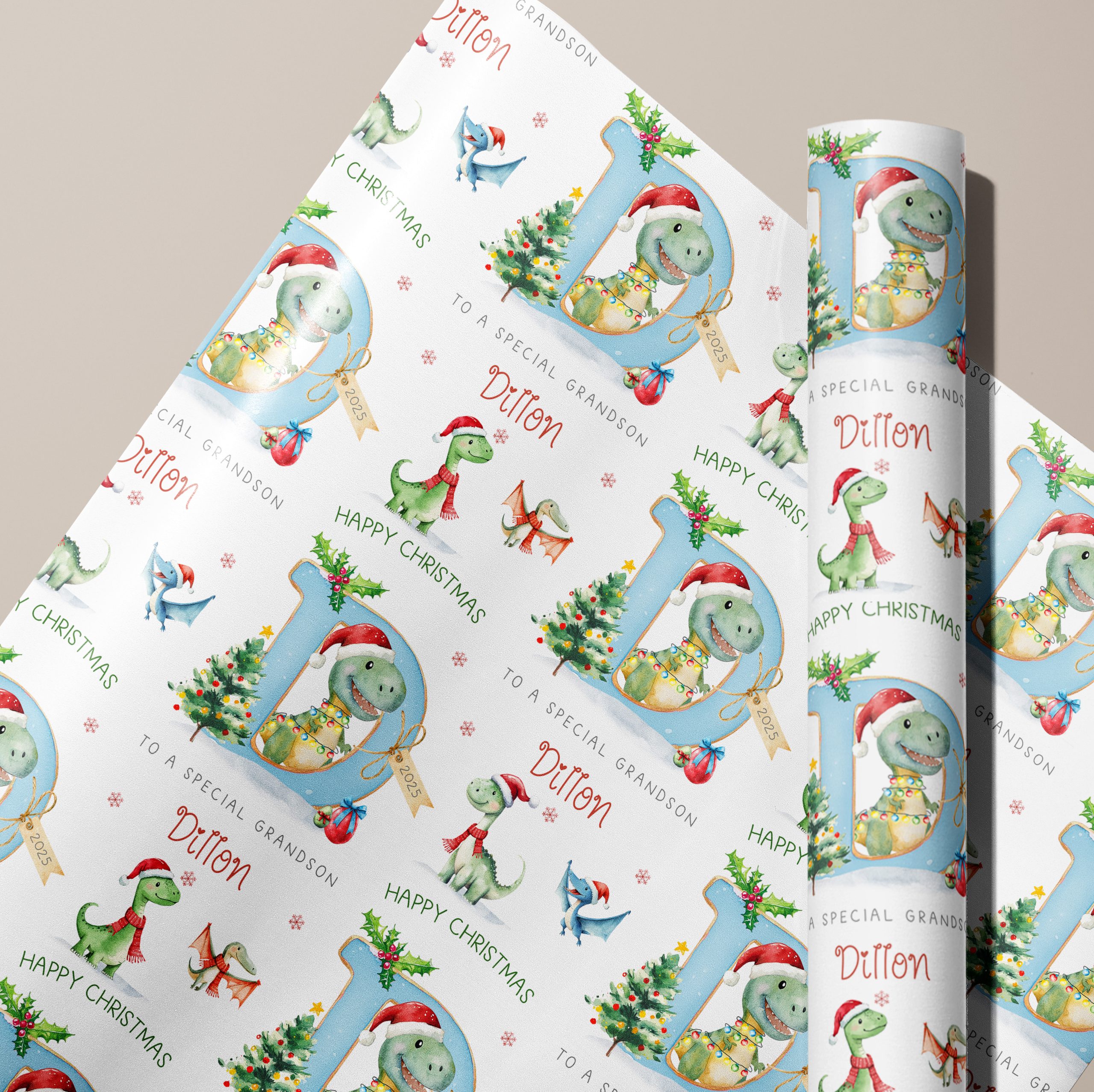 Personalised Blue initial Dinosaur Gift Wrapping Paper