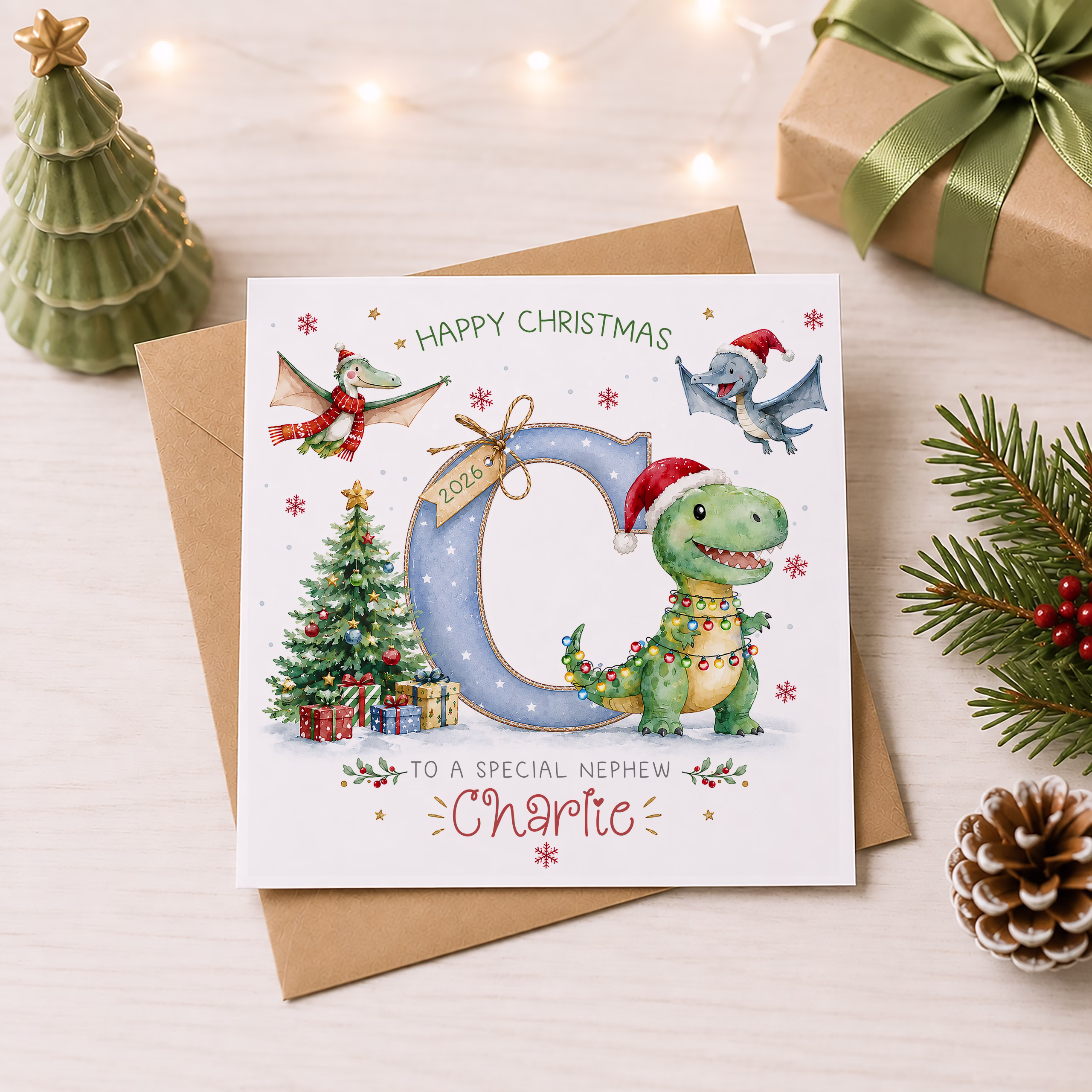 Personalised Dinosaur Christmas Card for Grandson | Cute T-Rex Christmas Card with Name & Initial