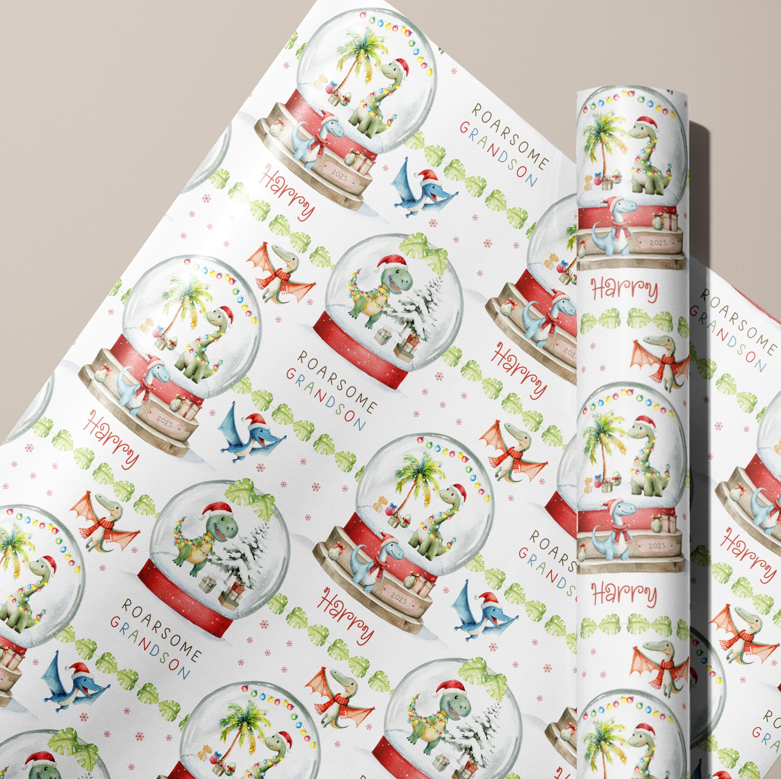 Personalised Dinosaur Snowglobe Christmas Gift Wrapping Paper