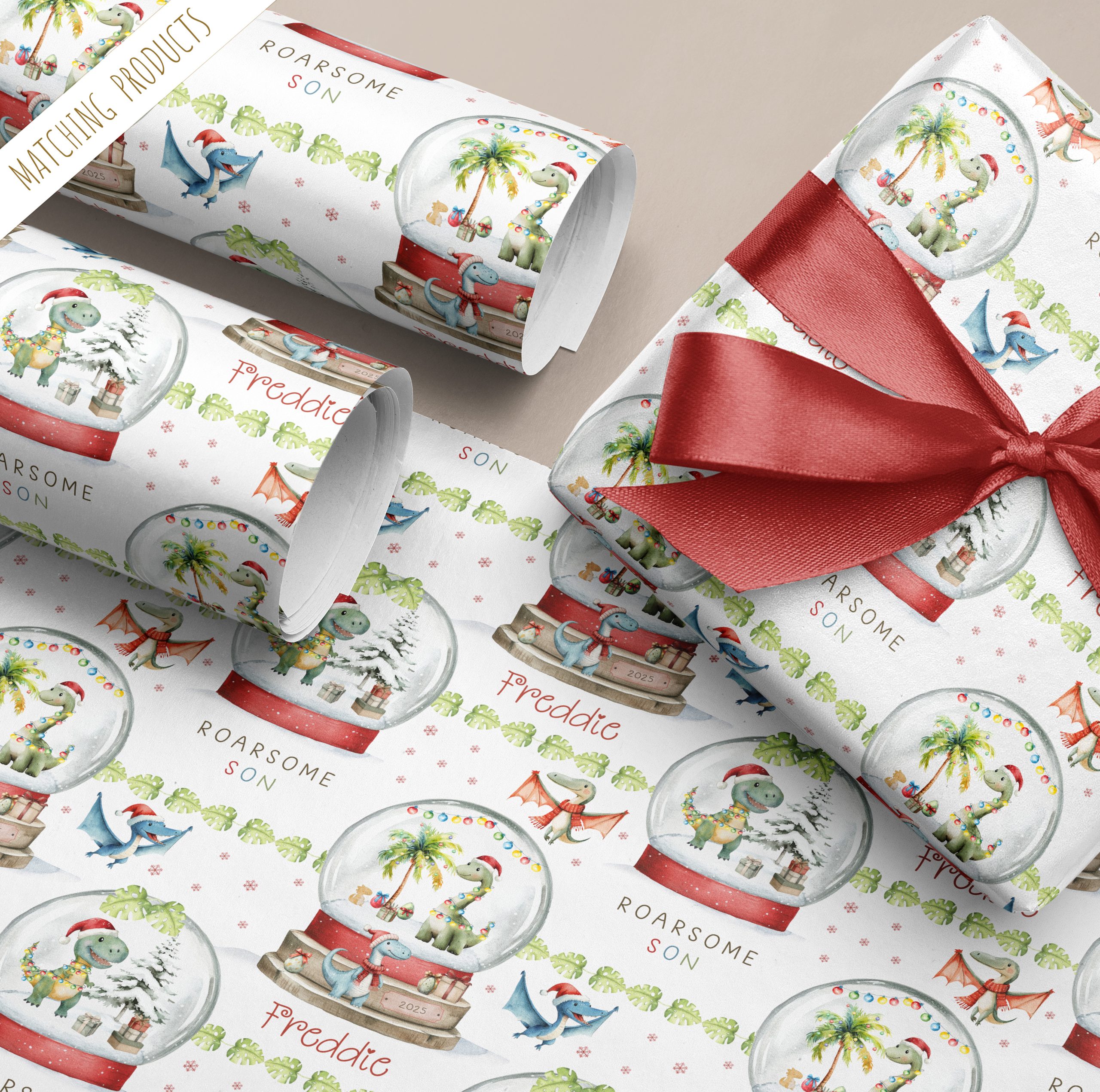 Personalised Dinosaur Snowglobe Christmas Gift Wrapping Paper