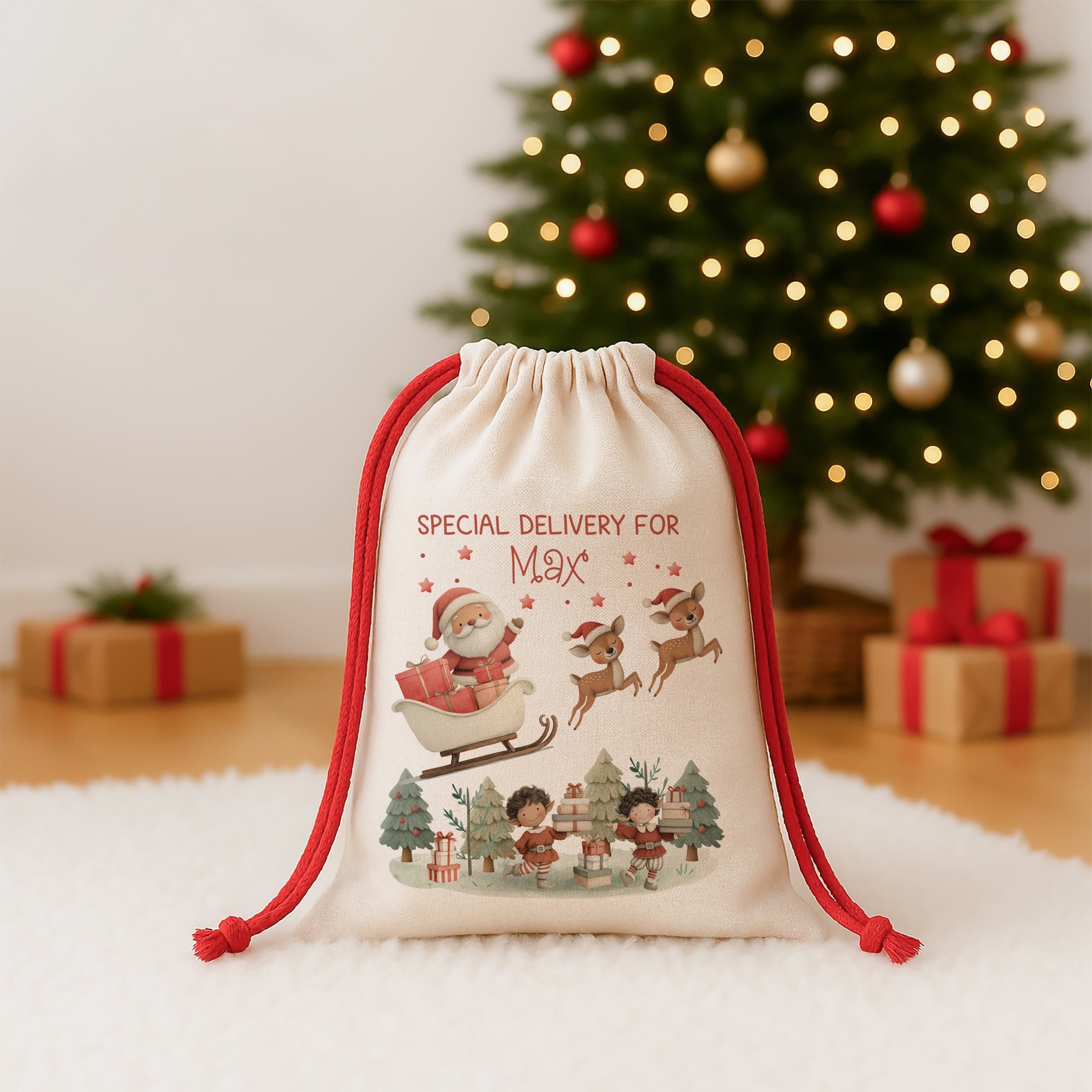 Red Santa & Elves Christmas Sack