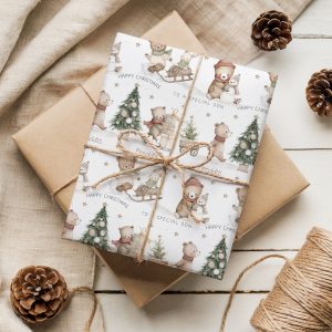 Personalised Teddy Bear Christmas Gift Wrapping Paper, design shows teddy bears skating in a snow scene. Personalised with the childs name.