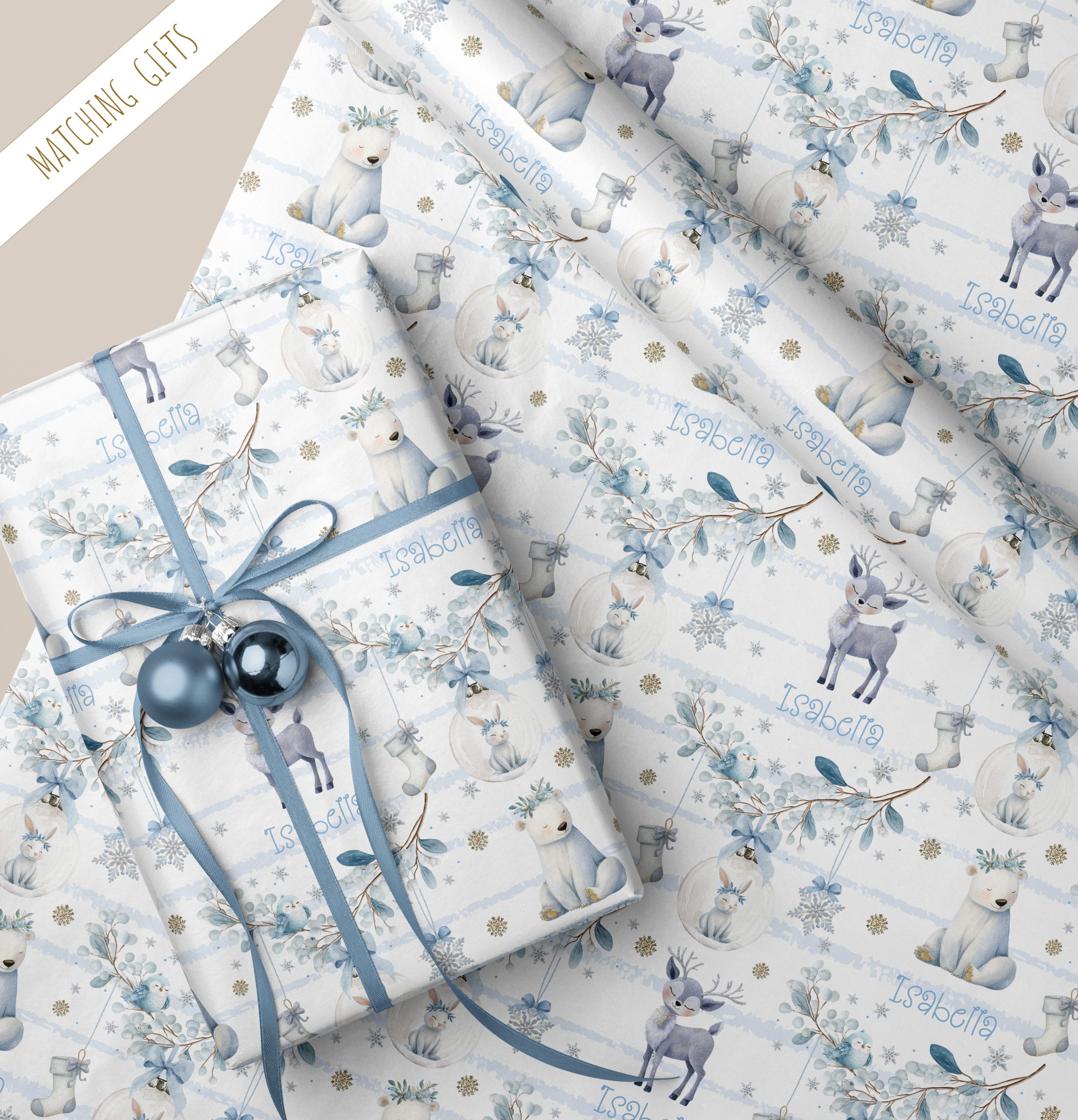 Girls personalised Christmas Gift Wrapping Paper, featuring winter animals