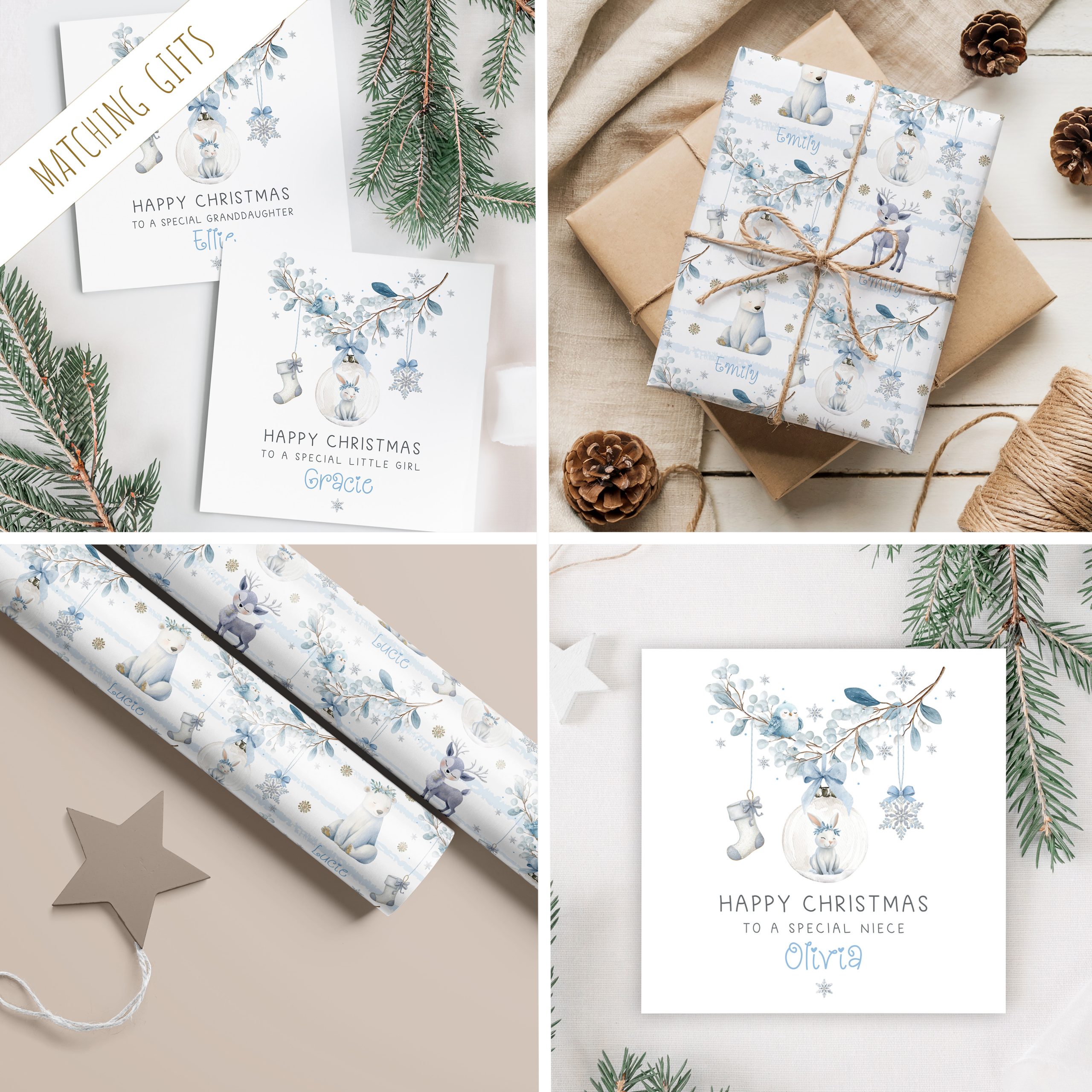 Girls personalised bunny rabbit christmas gift wrapping paper. Featuring a blue floral wreath with christmas baubles hanging from it, a star, a christmas stocking and a bauble with a cute bunny rabbit. The gift wrapping paper is personalised at the bottom with a name in blue ornate christmassy font.