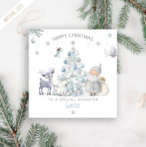 Personalised Frozen Christmas Card, featuring frosty frozen characters around a blue christmas tree. Personalised at the bottom with the name in a christmassy ornate blue font.