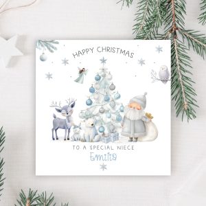 Personalised Frozen Christmas Card, featuring frosty frozen characters around a blue christmas tree. Personalised at the bottom with the name in a christmassy ornate blue font.