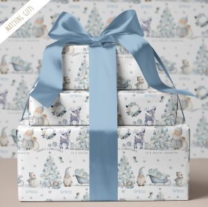 Personalised Frozen Christmas Gift Wrapping Paper, featuring Winter Frozen Characters. Personalised With a name in an ornate blue christmassy font.