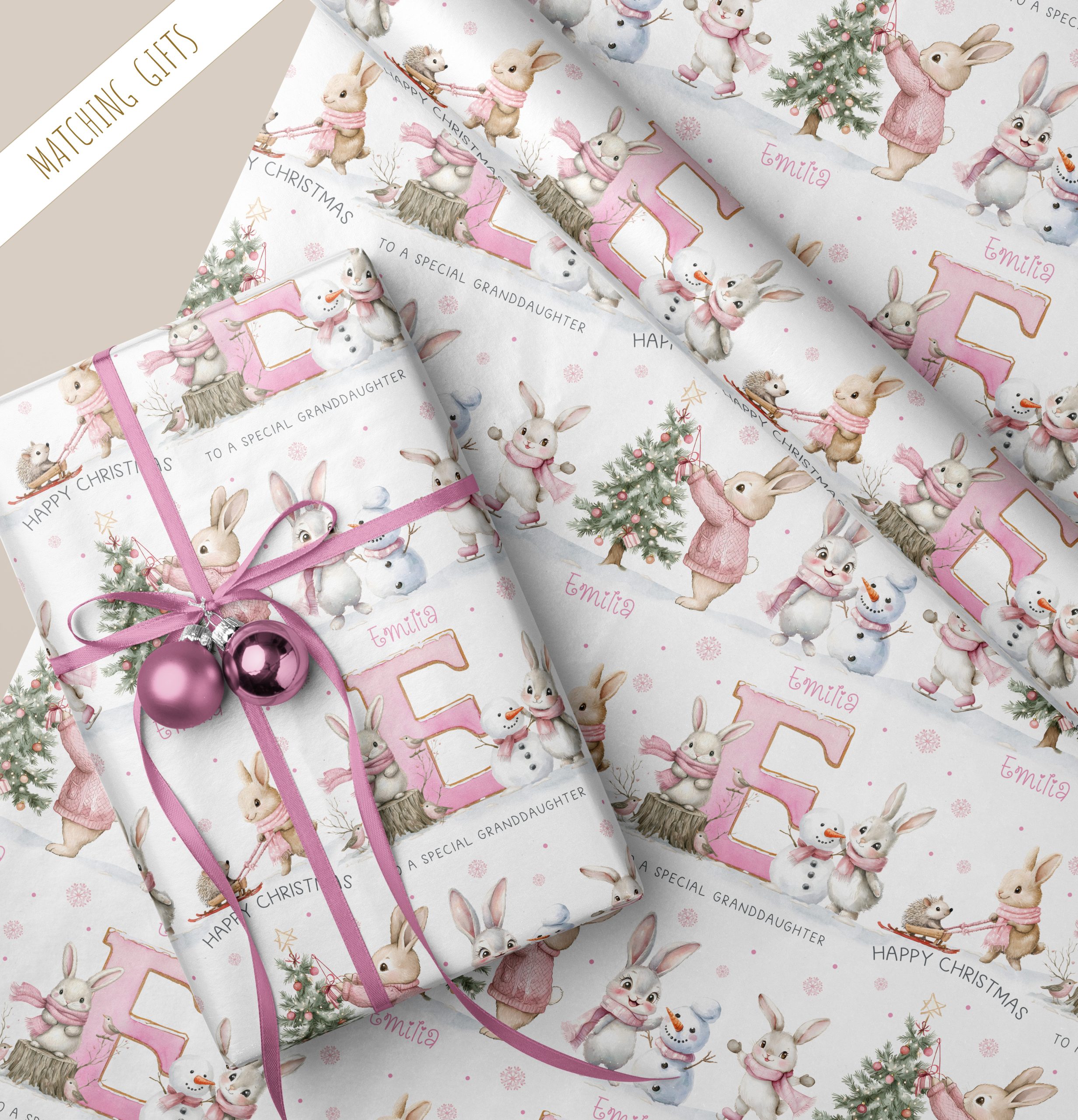 Girls Personalised Pink Gingerbread Christmas Gift Wrapping Paper