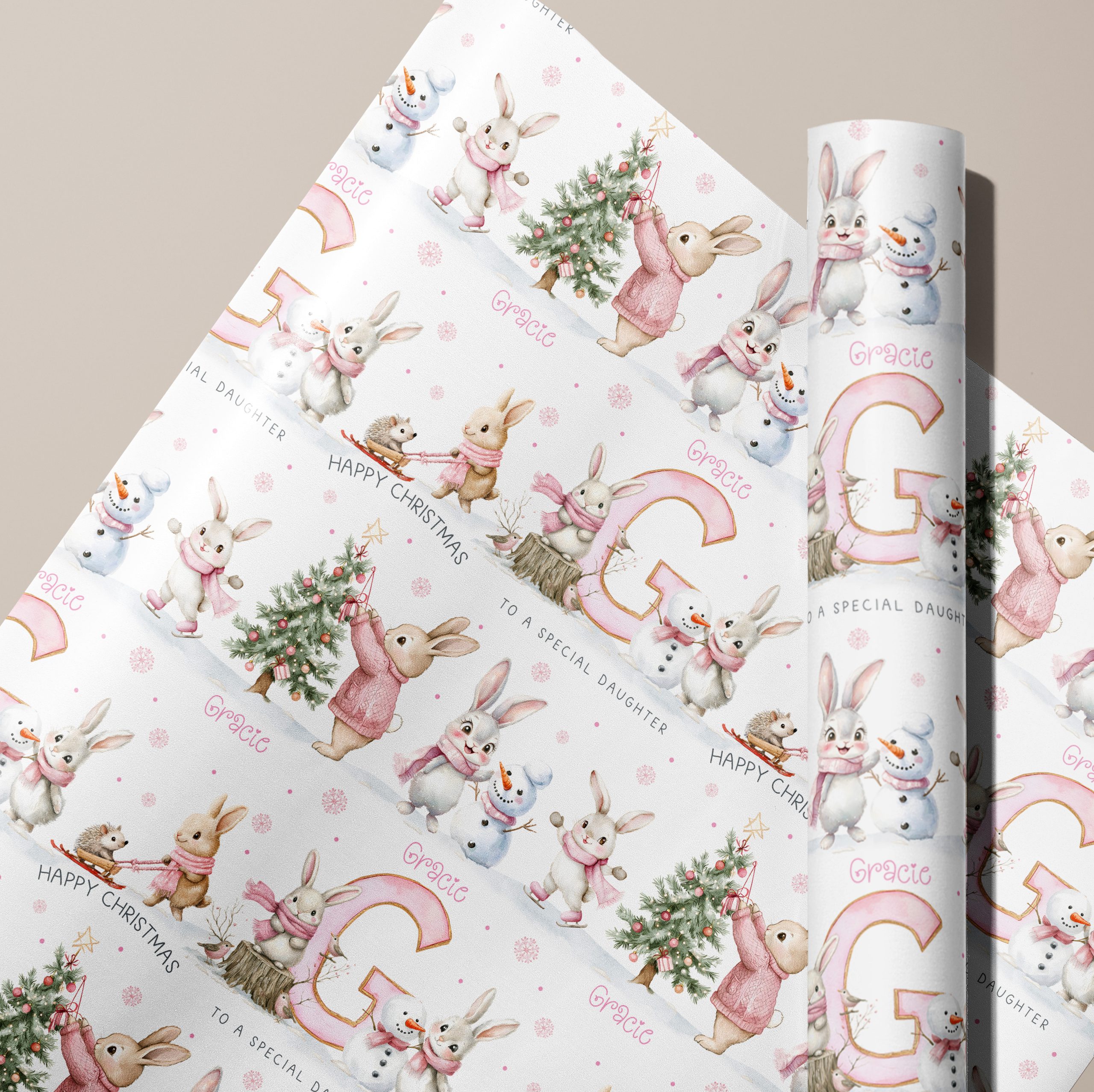Girls Personalised Pink Gingerbread Christmas Gift Wrapping Paper