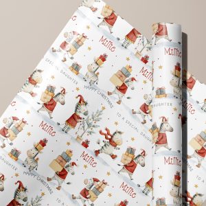This charming safari zebra Christmas wrapping paper offers a fun and personalized way to enhance your holiday celebrations, with adorable zebras busy transporting gifts, ensuring your presents stand out with a whimsical and festive touch.