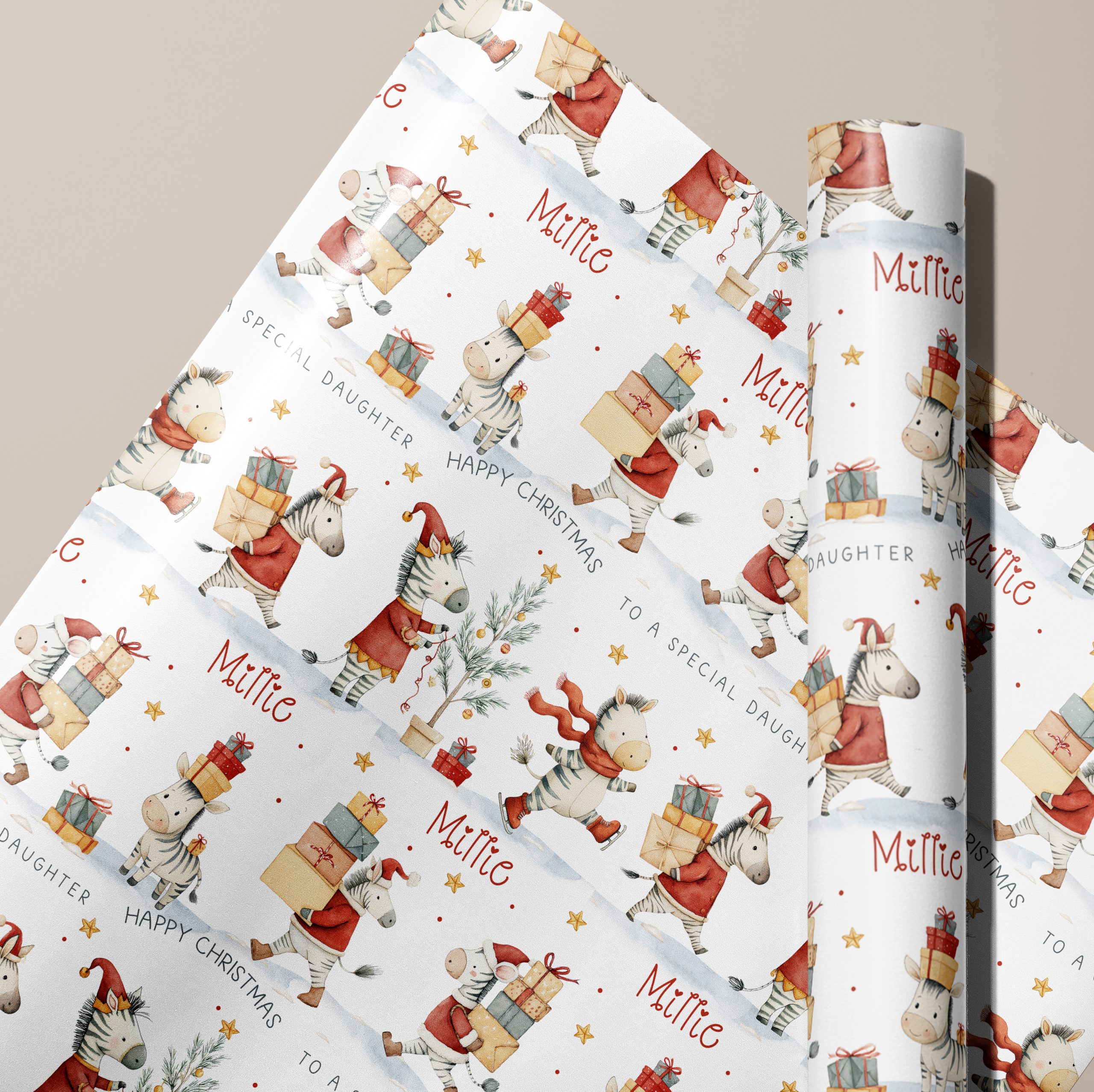 This charming safari zebra Christmas wrapping paper offers a fun and personalized way to enhance your holiday celebrations, with adorable zebras busy transporting gifts, ensuring your presents stand out with a whimsical and festive touch.