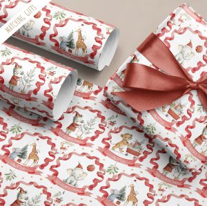 This charming safari zebra Christmas wrapping paper offers a fun and personalized way to enhance your holiday celebrations, with adorable safari animals, ensuring your presents stand out with a whimsical and festive touch. Customizable with a name, it adds a personal touch that makes gift-giving extra special and ensures your presents stand out under the tree.