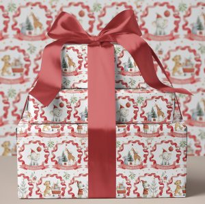 This charming safari zebra Christmas wrapping paper offers a fun and personalized way to enhance your holiday celebrations, with adorable safari animals, ensuring your presents stand out with a whimsical and festive touch. Customizable with a name, it adds a personal touch that makes gift-giving extra special and ensures your presents stand out under the tree.