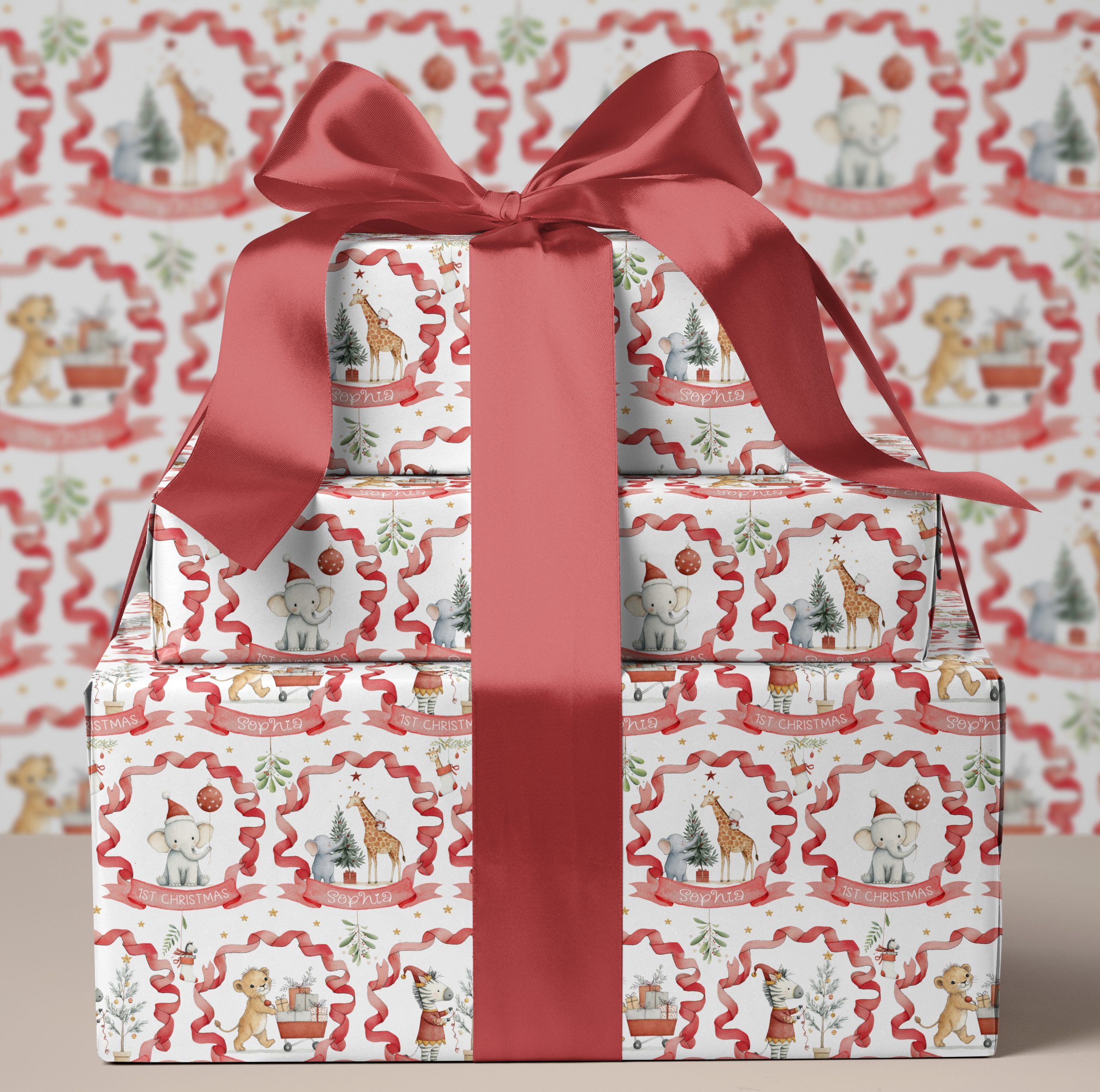 This charming safari zebra Christmas wrapping paper offers a fun and personalized way to enhance your holiday celebrations, with adorable safari animals, ensuring your presents stand out with a whimsical and festive touch. Customizable with a name, it adds a personal touch that makes gift-giving extra special and ensures your presents stand out under the tree.