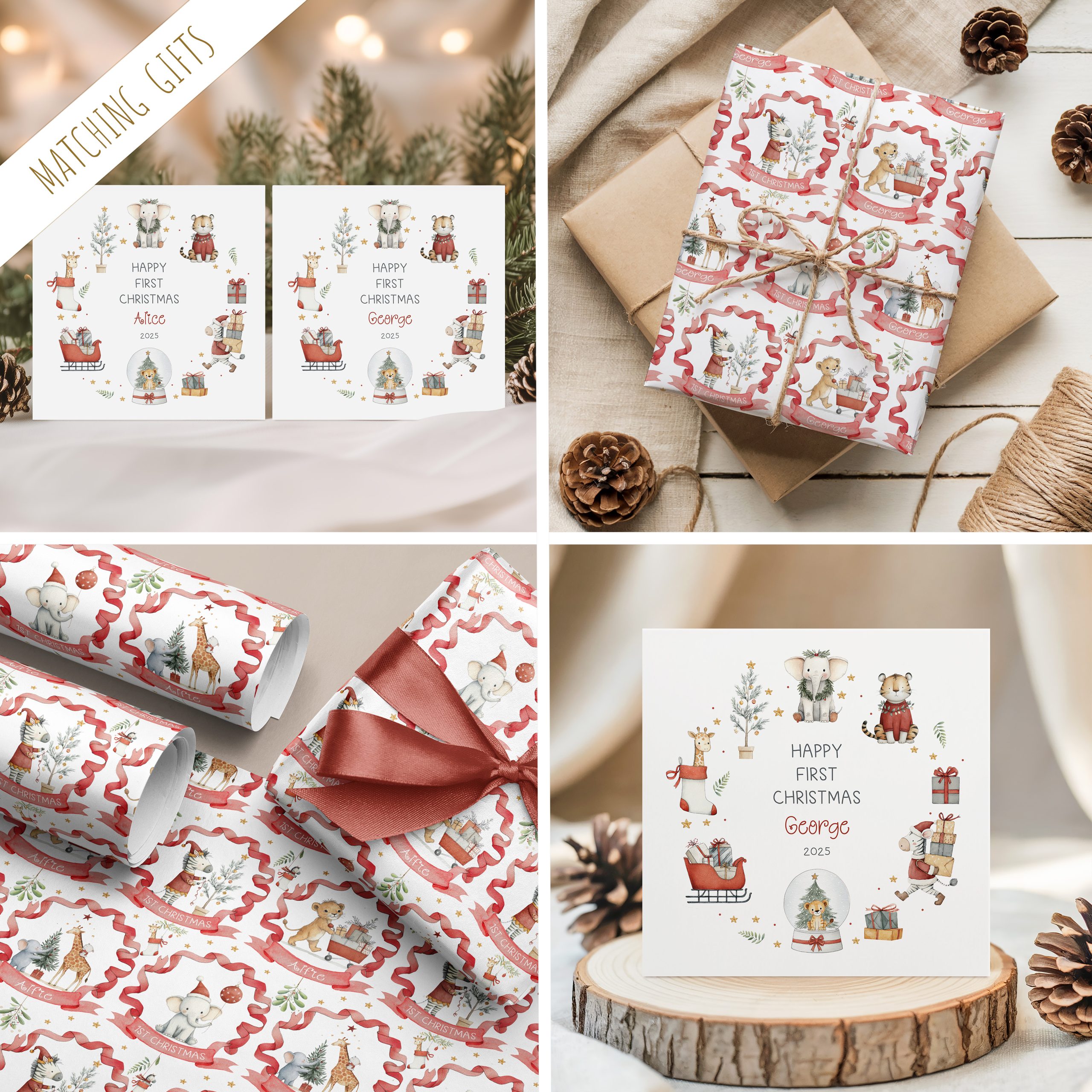 This charming safari zebra Christmas wrapping paper offers a fun and personalized way to enhance your holiday celebrations, with adorable safari animals, ensuring your presents stand out with a whimsical and festive touch. Customizable with a name, it adds a personal touch that makes gift-giving extra special and ensures your presents stand out under the tree.